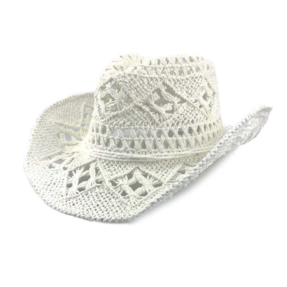 Summer Western Cowboy Straw Hollow Hat Hand Made Beach Felt Sunhats Party Cap Casual Panama Cowgirl Jazz Sun Hat: white
