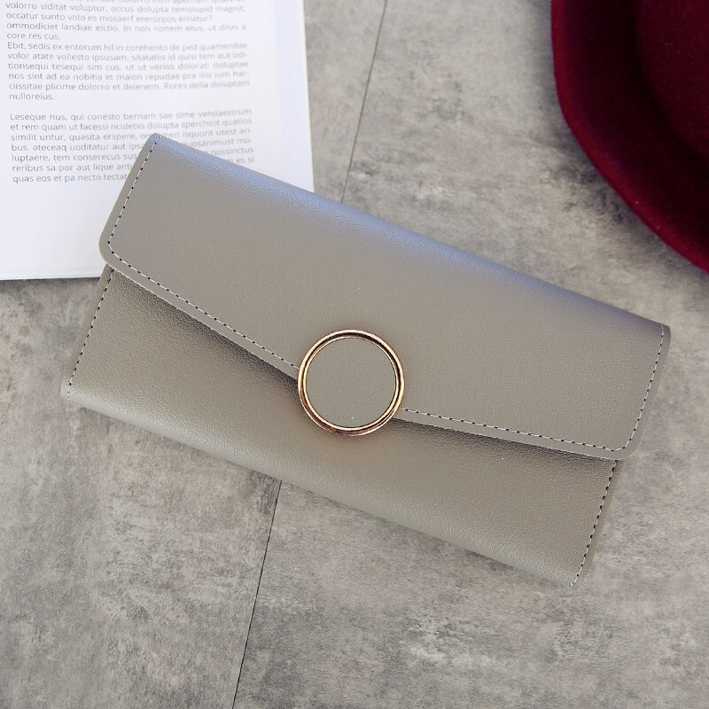 Wallet Leather Women Wallet Long Pu Leather Purse Zipper Metal Circle Decor Wallets Female Hasp Coin Purse Clutch Black: Long-Gray