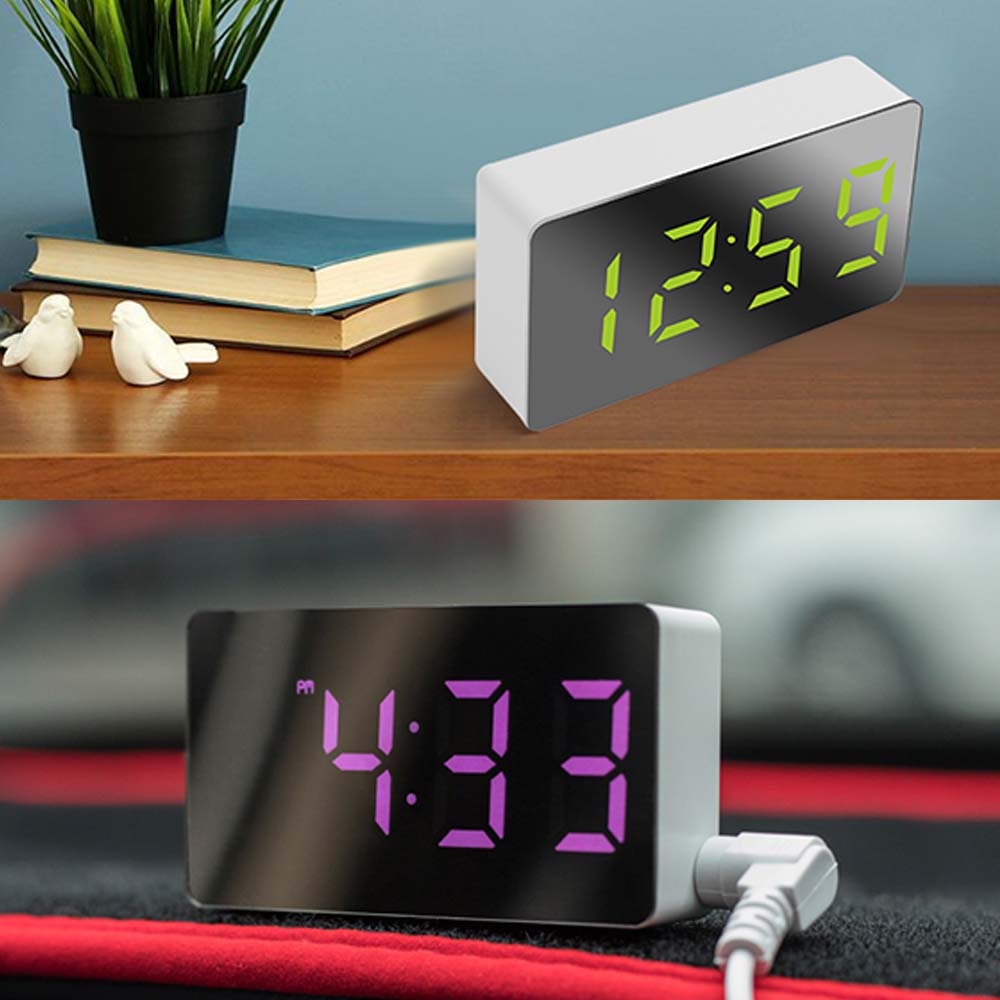 Alarma Digital de reloj con espejo y luz LED, posponer y visualización de hora nocturna, multifuncional, LCD, mesa de luz, escritorio, USB, 5v, sin batería, decoración del hogar