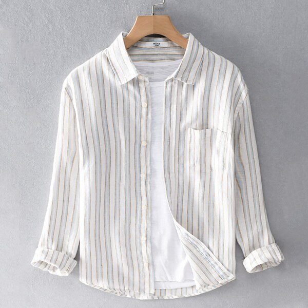 100%  linne stil randig vit skjorta herrmärke långärmade fritidsskjortor för män bekväm skjorta herr chemise toppar: Vit / Xxxl (asiatisk storlek)