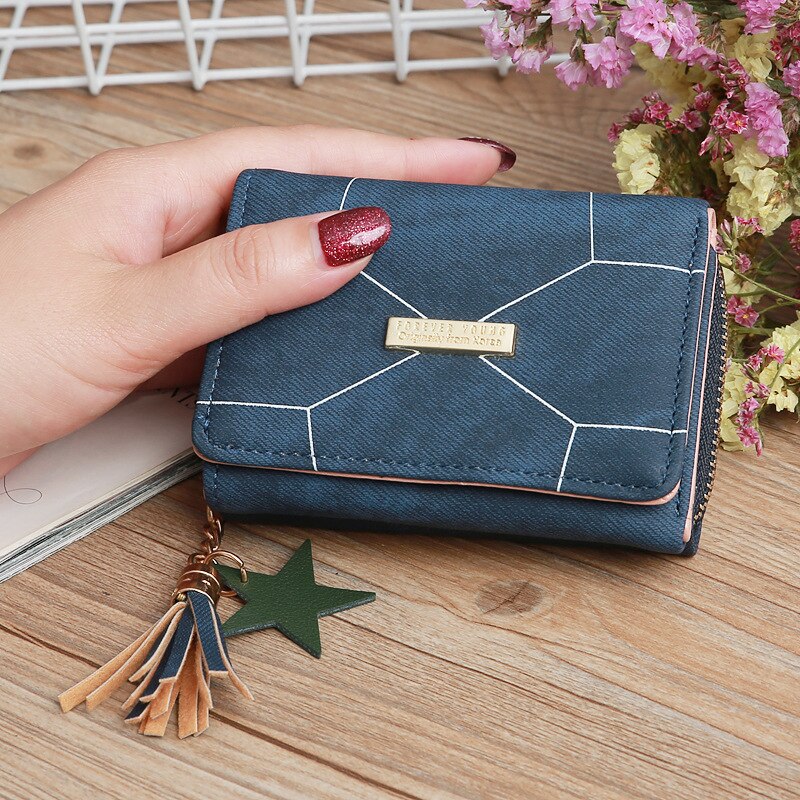 Women's short wallet PU leather female plaid wallet tassel card holder wallet woman small zipper wallet coin purse