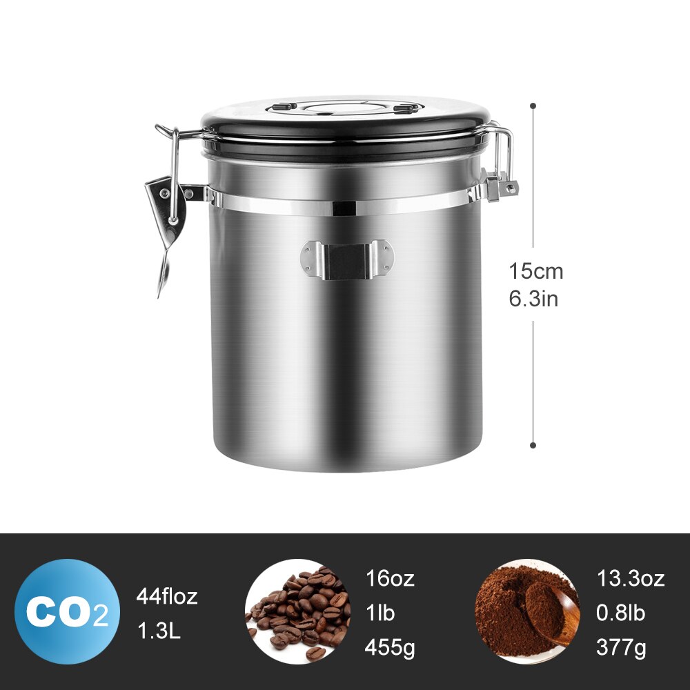 1.5/1.8l kaffebeholder med scoop lufttæt kaffebeholder rustfrit stål opbevaringsbeholder sæt til kaffebønner te