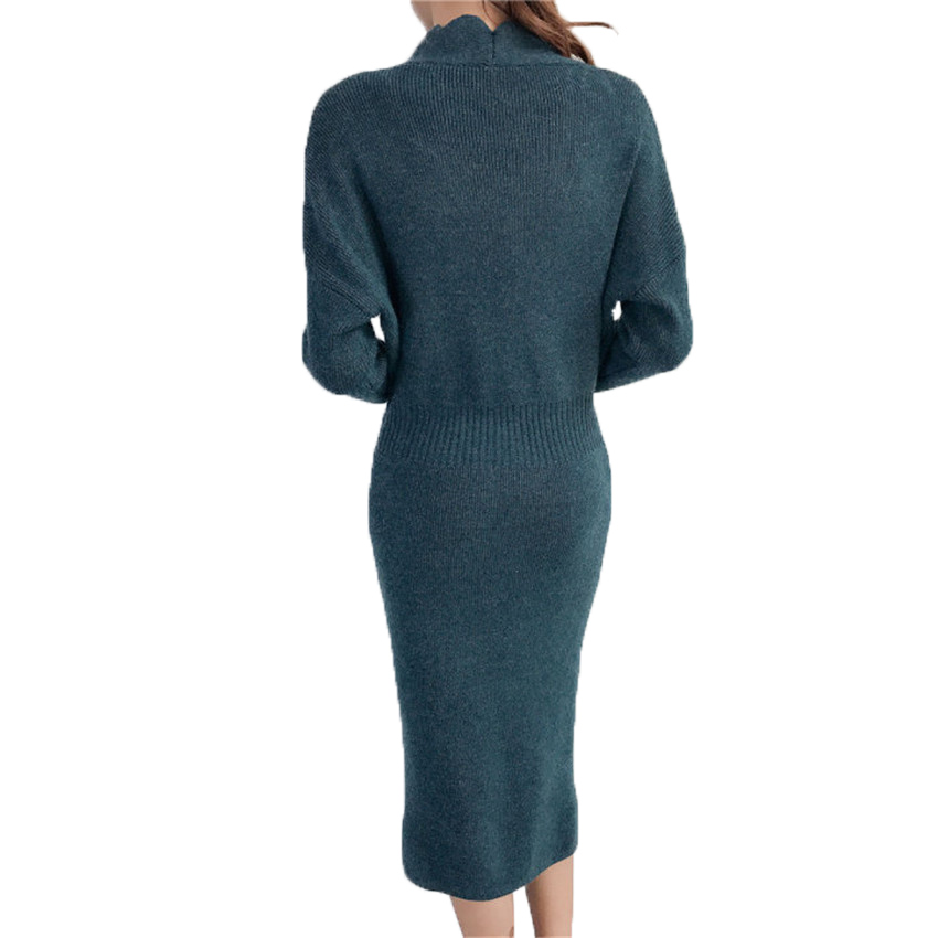 Herfst Winter Slanke Gebreide Trui Lange Jurken Sexy Schede Bodycon Potlood Jurk Mid-Kalf Ruches Slash V-hals Jurk Mw017