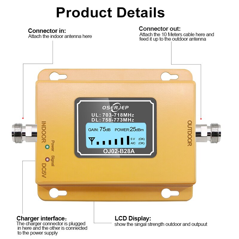 Repetidor de teléfono móvil, 70dB, LCD, LTE, 700MHz, B28A, 4G, no incluye antena