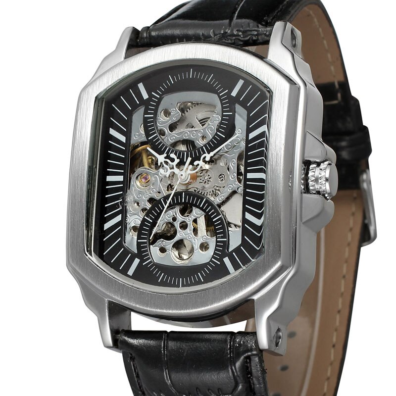 Mgorkina Rvs Waterdichte Heren Skeleton Horloges Top Luxe Transparante Mechanische Sport Mannelijke Horloges: black silver