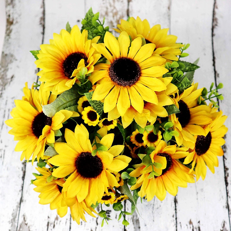 7 grener/bukett gul silke solsikke bukett vakker kunstig blomst tusenfryd hode til bryllup bursdagsfest hjemme hage deco