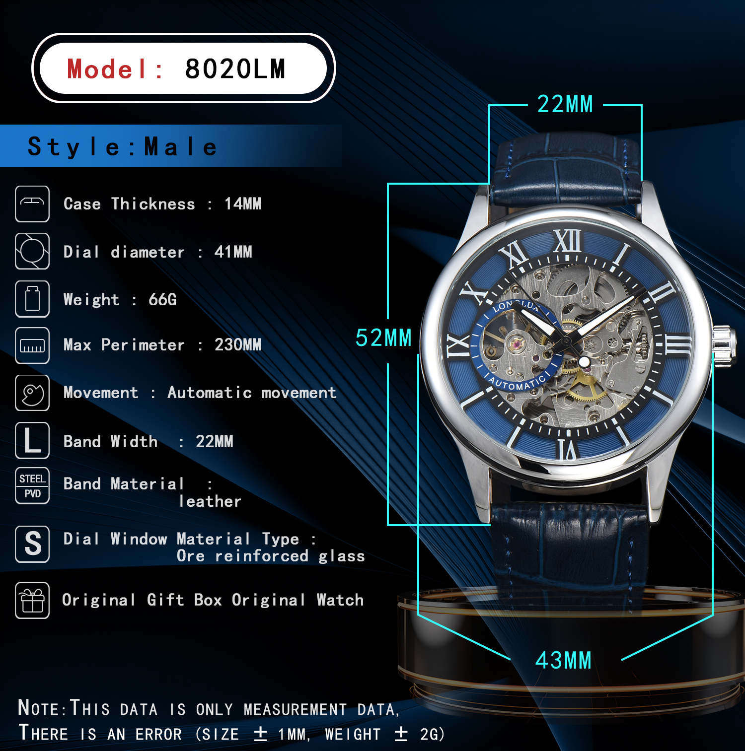 Reloj Automático LONGLUX, , relojes de pulsera mecánicos, reloj de cuero hueco resistente al agua para hombre, para hombre