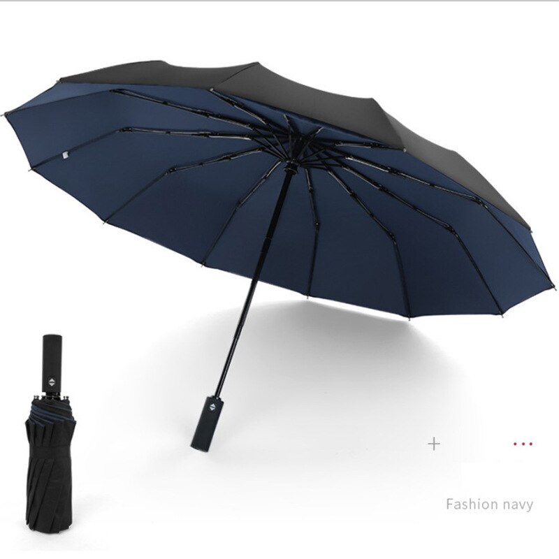 Paraguas de negocios agrandados para hombre y mujer, Parasol completamente automático con 12 varillas, Paraguas Plegable para hombres, Paraguas grande Plegable para hombre: NAVY