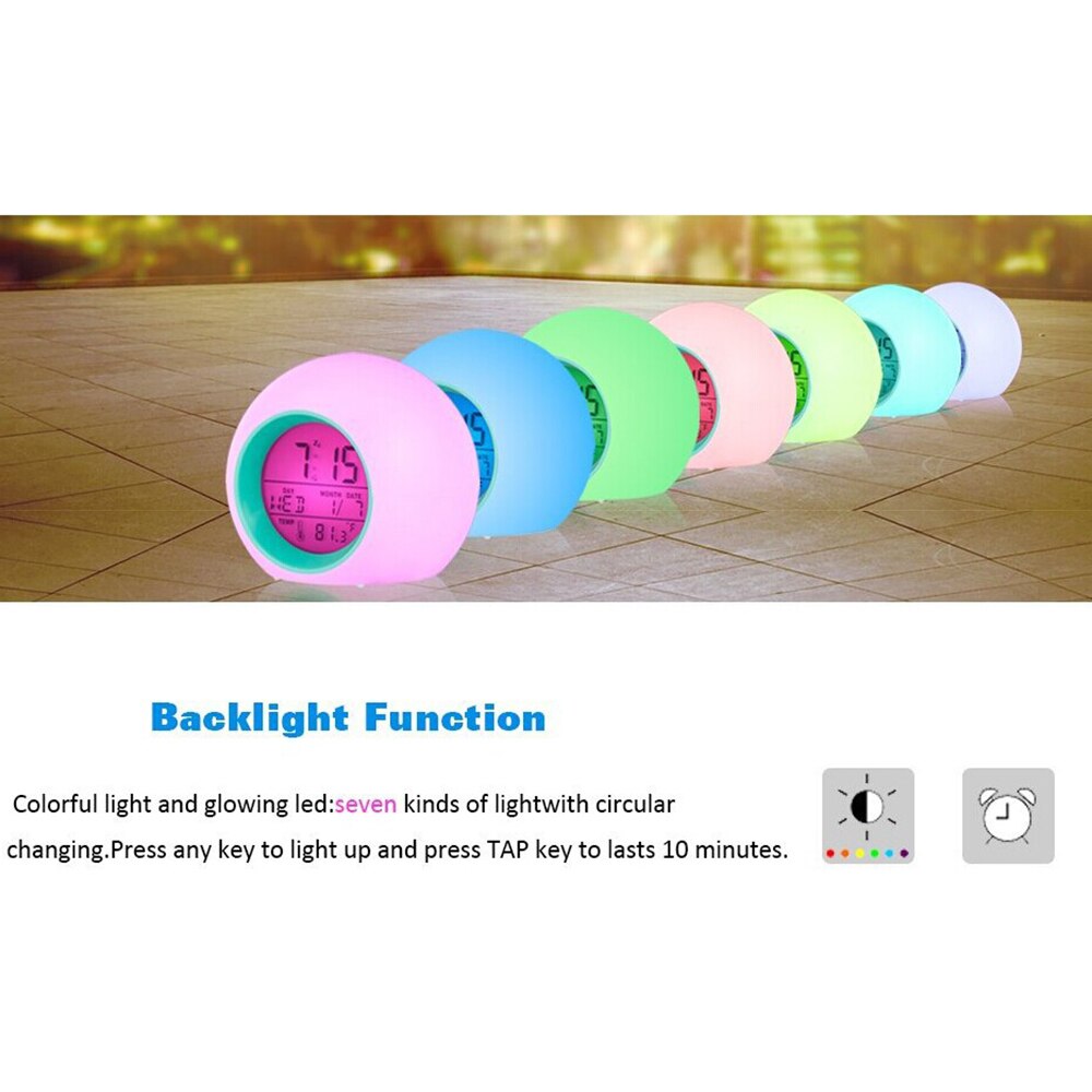Reloj despertador redondo con luz de fondo para niños, decoración de sonido Natural, , 7 colores, calendario, bola frontal