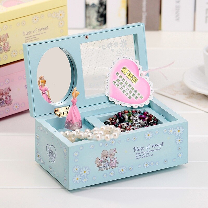 Dancing Girl Ballerina Music Box Rectangle Mirror Musical Jewelry Box Music Boxes Girls Carousel Girlfriend Valentine's Day: Blue