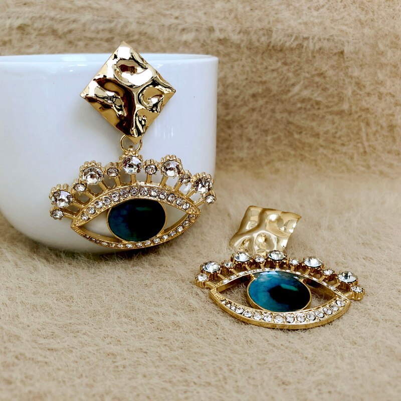 F.J4Z Women's Eye Earrings Classic Blue Eyeball Sparkling Crystal Eyelash Earring Lady Party Earring