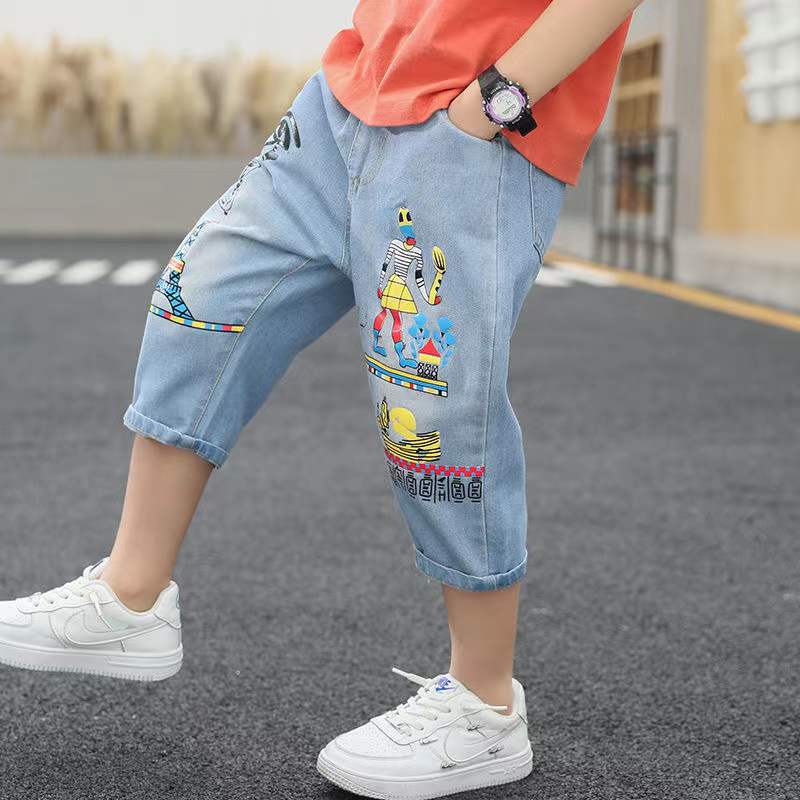 Short en Jean pour garçon et adolescent, Short d&#39;été en coton imprimé, décontracté, de 100 à 160cm