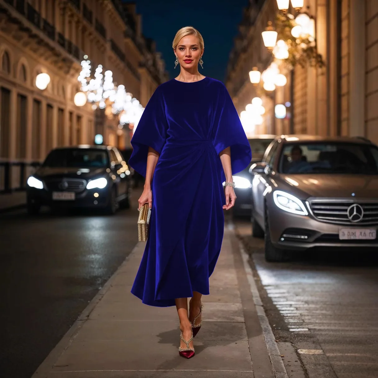 Velvet Waist-Cinching Dress with Batwing Sleeves And round Neck for Women Fashionable And Stylish Long Ankle-Length Gown