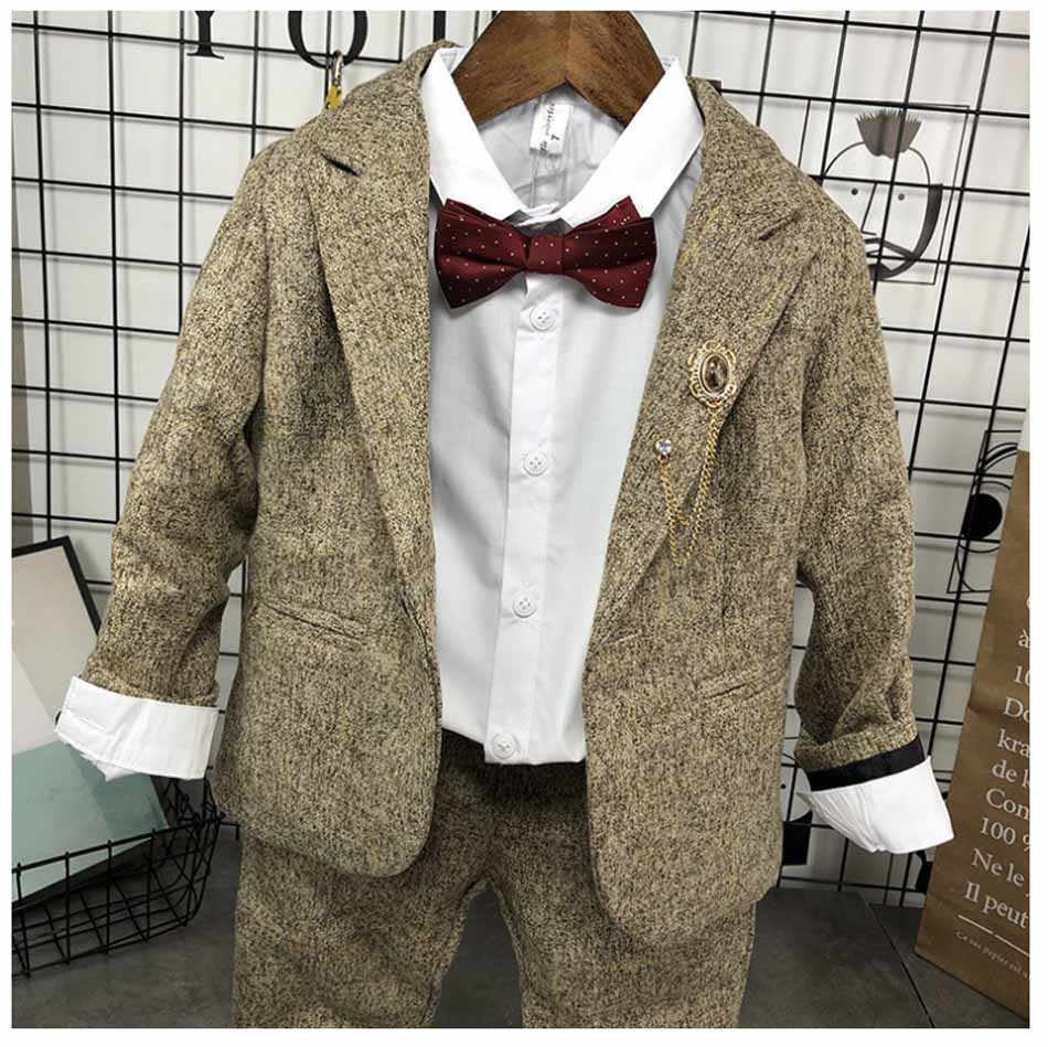 Boys Suit Performance Costume Fiower Girl Dress British Suit Boy Formal Dress Wedding Dress coat Two-Piece Suit: Khaki 2pcs / 8