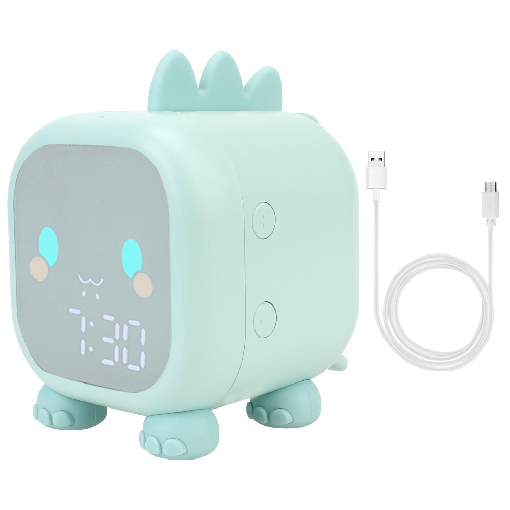 HOOMIN Kids Alarm Clock Children's Sleep Trainier Digital Cute Dinosaur Bedside LED Clock With Voice Control Temperature Display: green