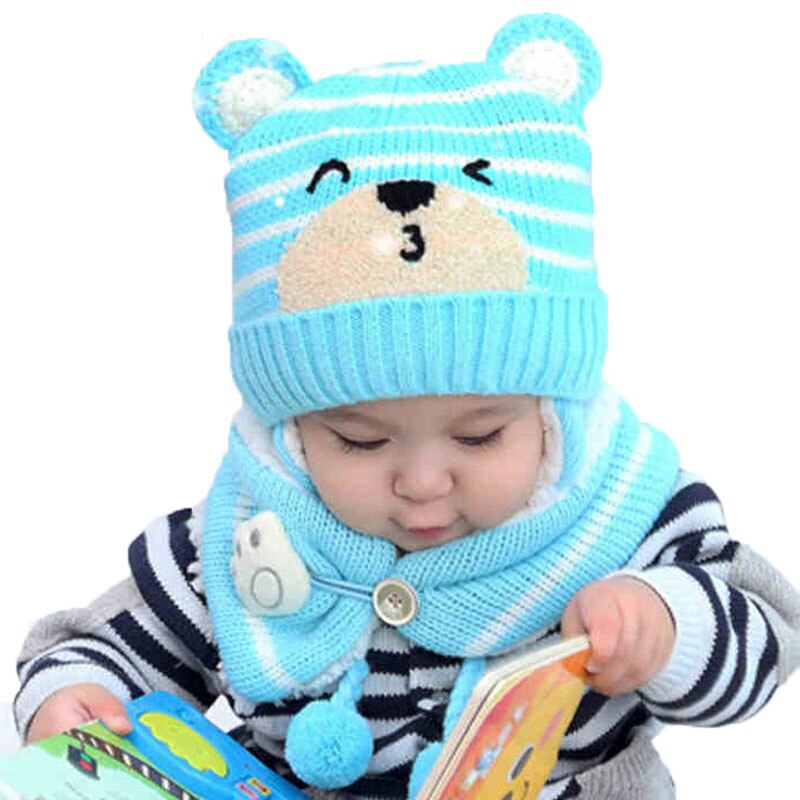 Gorro de invierno para niña, conjunto de bufandas para niños, niños, dibujos animados, oso, rayas, gorro de punto, gorro y bufandas con botón, traje cálido