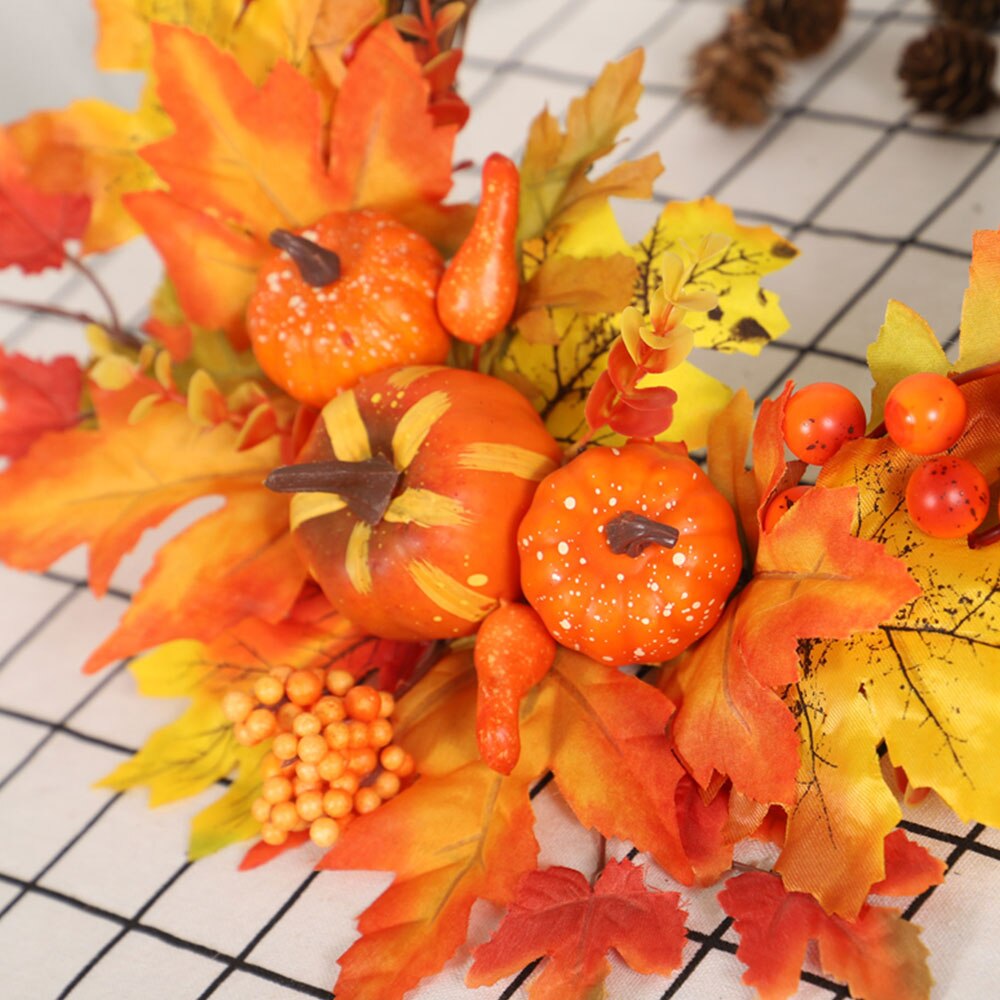Artificial Flower Fall Wreath Thanksgiving Fall Harvest Garland Ornament with Pumpkins Maple Leaf Home Wall Door Hanging Decor