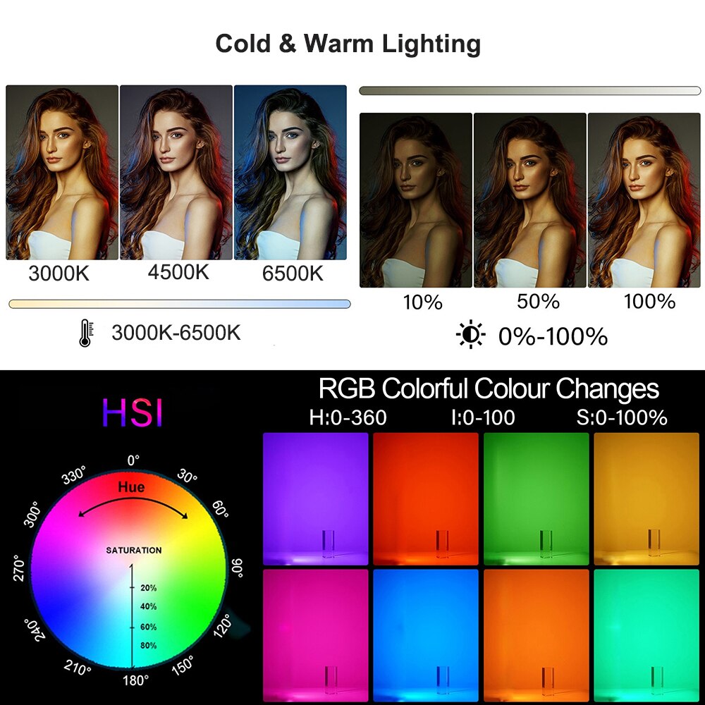 RGB Handheld LED Video Light Tube Photography Light Wand 3000K-6500K Dimmable 10 Lighting Effect for Vlog Portrait Photography