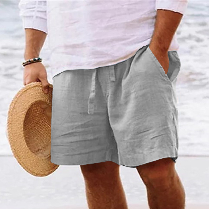 Pantalones cortos de lino y algodón para hombre, Bermudas de cinco puntos, cintura elástica con cordón, pierna recta, Color sólido, transpirables, uso diario en la playa: XL / Gris