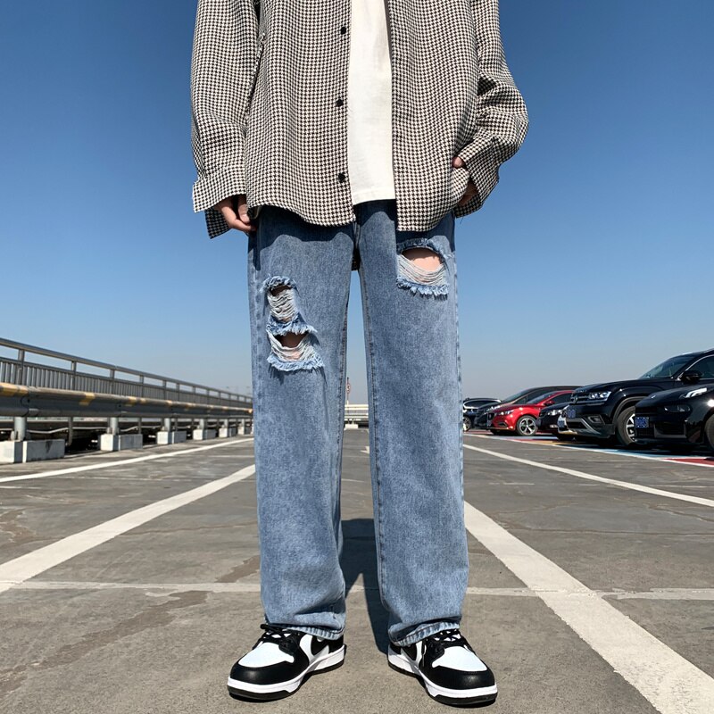 Spring Summer Blue Ripped Jeans Men Casual Straight Jeans Men Streetwear Loose Hip Hop Hole Denim Pants Mens Trousers: medium Blue / S