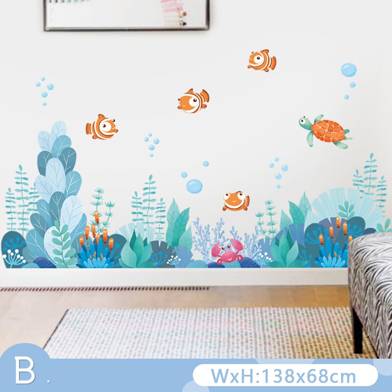 Waterproof Cartoon Underwater Animal World Wall Stickers for Kids room Bathroom Bedroom Vinyl Wall Decals Removable Murals Decor: purple