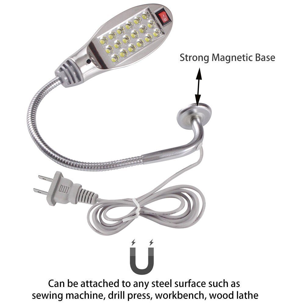 Lâmpada pescoço de ganso para máquina de costura, super brilhante 12/18 led, base de montagem magnética, lâmpada para máquina de costura, torno, iluminação industrial