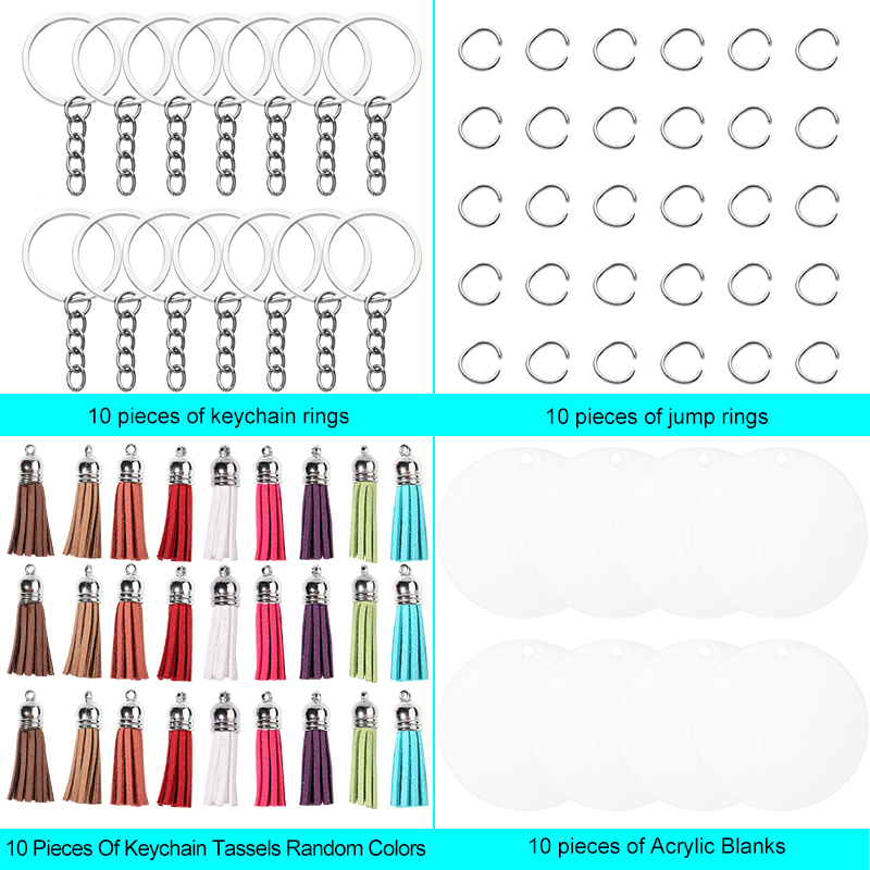 40 Stks/set Acryl Clear Discs Sleutelhanger Set Sleutelhanger Sleutelhanger Lederen Kwastje Hanger Kits Voor Diy Sieraden Maken Accessoires: Default Title