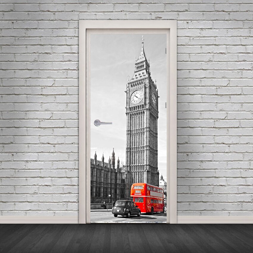 Aftagelig diy 3d dør klistermærke væg klistermærke mærkat uk london big ben rød bus print korridor dekor ,77cm 90cm