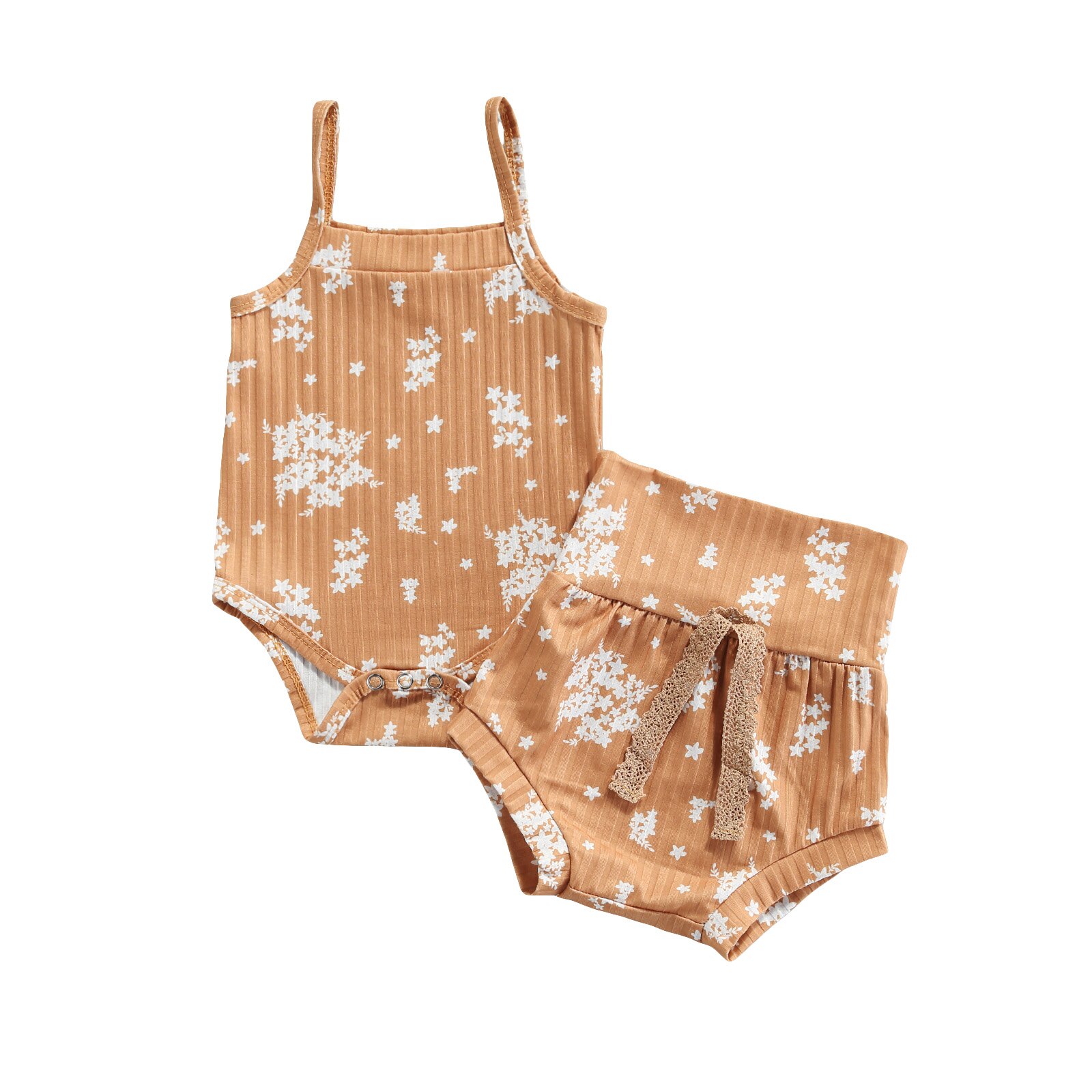 Baby Meisje Kleding Set Zomer Leuke Bloemenprint Mouwloze Romper + Boog Driehoek Shorts Outfits: Yellow / 6m