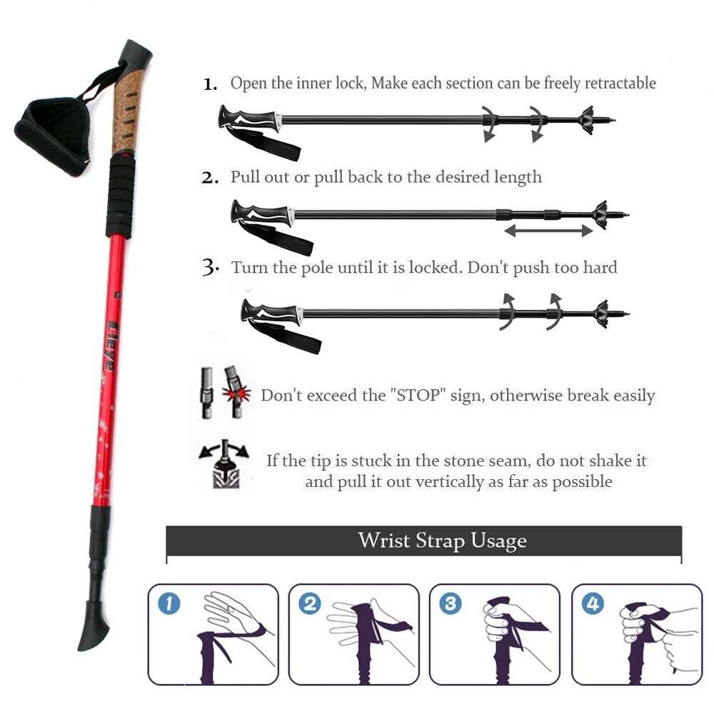 1/ 2Pcs Nordic Trekking Hiking Poles Walking Sticks Telescopic Baton Ultra Walking Canes With Rubber Tips Adjustable Bands