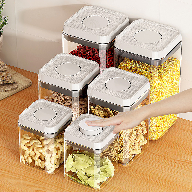 Press Open Clear Plastic Food Storage Box with Pop Up Lid Moisture-Proof Grains Container Cereals Jar Kitchen Pantry Organizer