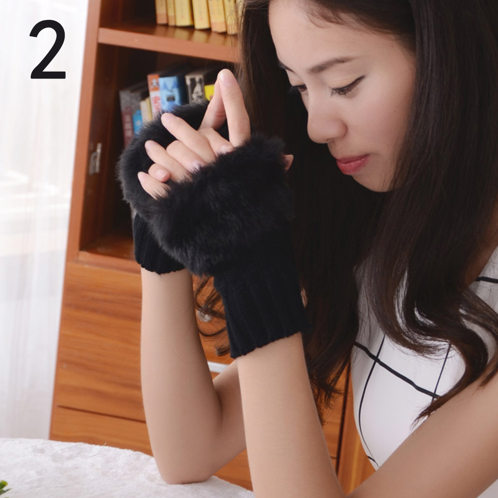 Gants d&#39;hiver en fausse fourrure de lapin pour femme, couleur unie, couvre les manches, plus , sans doigts, tricoté, mitaine, à la: 2