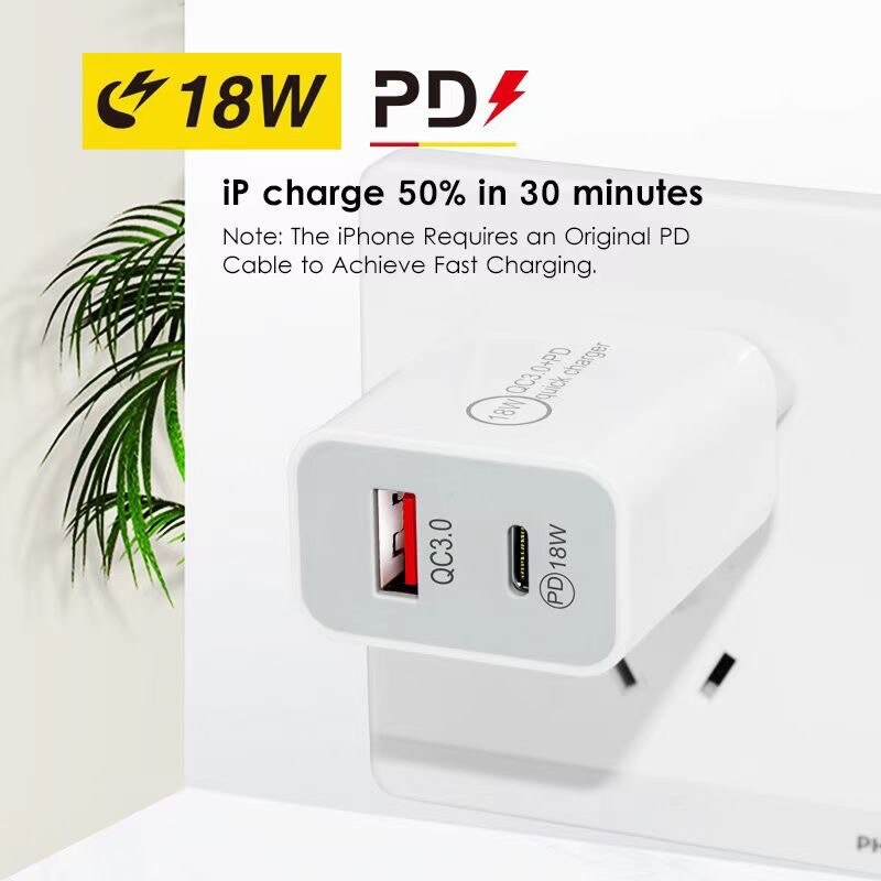 QC3.0 Pd 18W Dual-Port Fast Charger Type-C Opladen Hoofd Voor Apple Android Toegepast Snelle Lading protocollen Intelligente Lading Gan