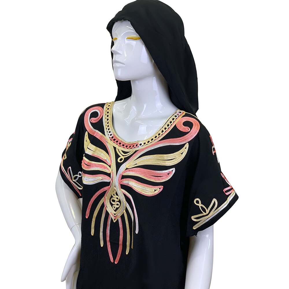 Abaya musulmana de algodón para mujer, caftán Dashik de Oriente Medio, ropa de África, India, Arabia Saudita, Pakistán, turbante bordado Djellaba R08: Negro