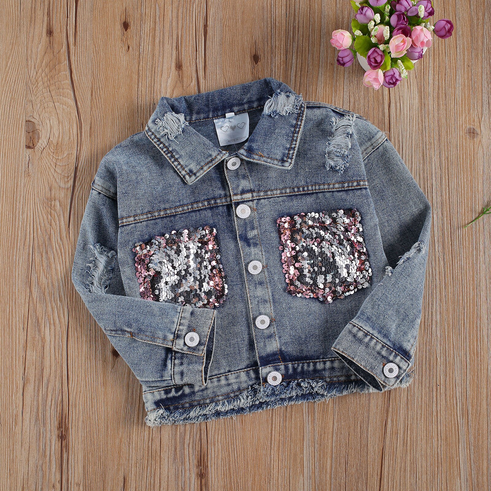 Girls ripped jacket, children leopard print pocket autumn jacket