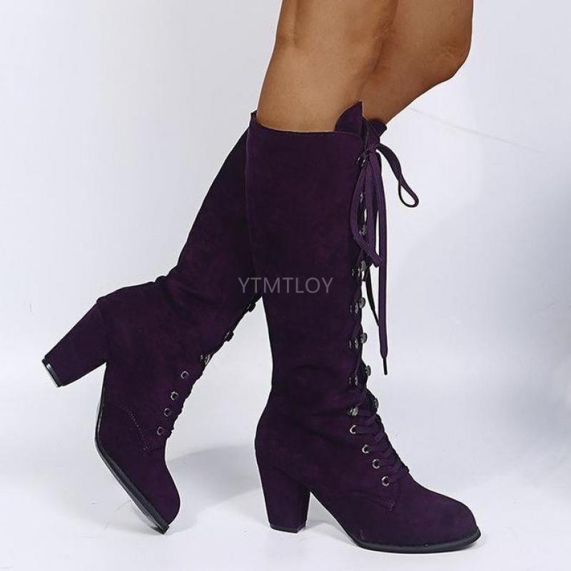 Kniehoge laarzen herfst winter lange dames hoge hakken motor dames schoenen veter ronde neus vierkante hak laarzen mujer