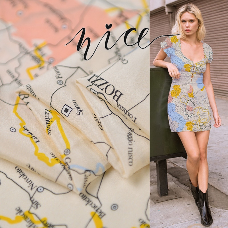 World Map Digital Printed silk 135cm Wide 16Momme Crepe De Chine Fabric for Dress Brand Cloth Diy Sewing
