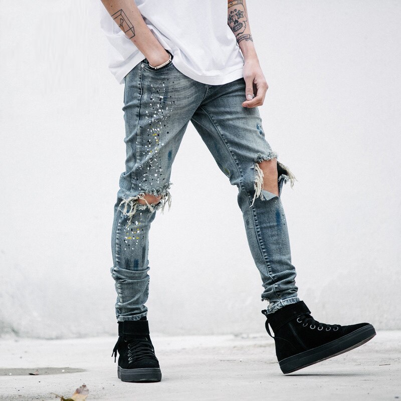 L mænd biker jeans nødlidende slanke denimbukser plisserede motorcykel joggers herre cargo jeanbukser