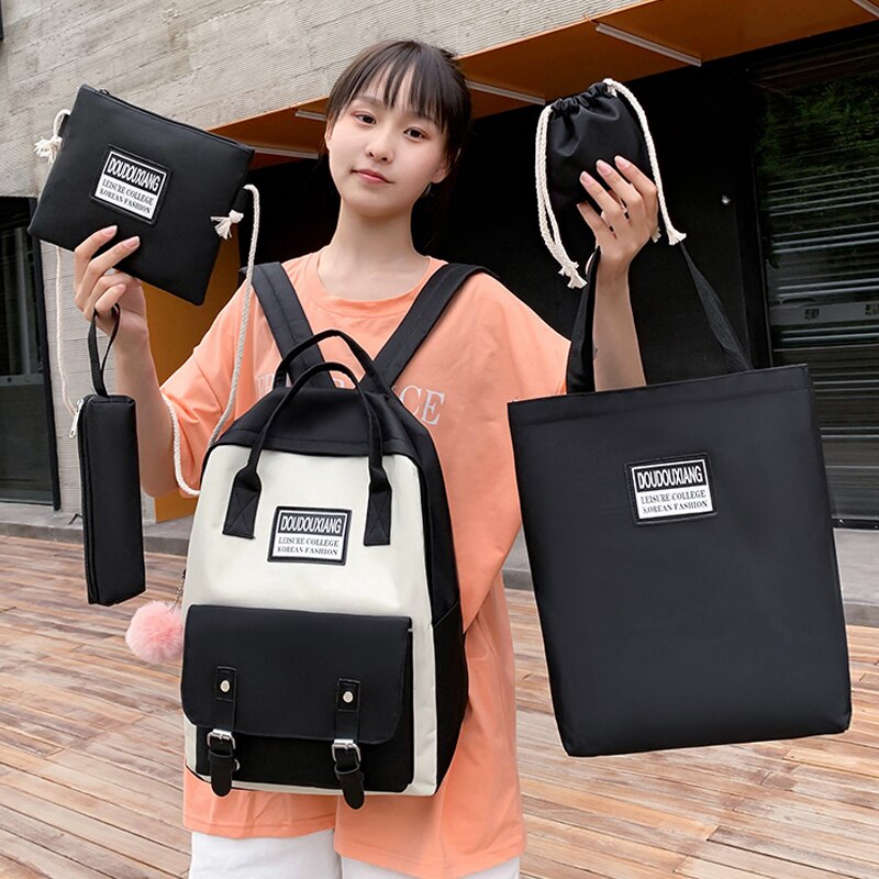 5 pièces/ensemble toile sacs d'école pour adolescentes couleur unie voyage sac à dos femmes Bookbags étudiant sac à dos sac à dos MD0158