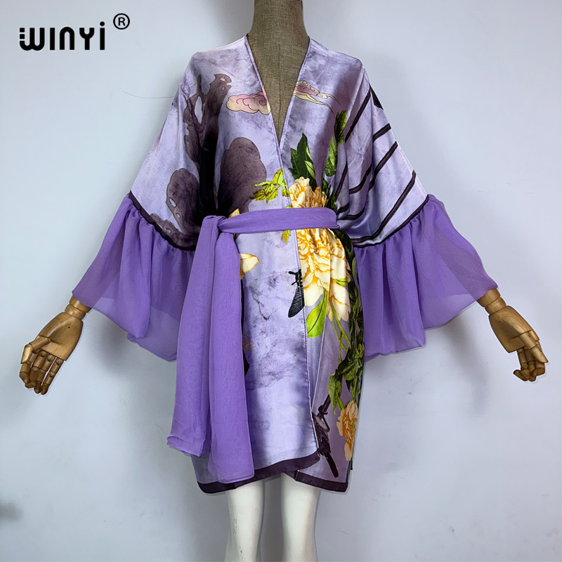 Winyi Kimono Bohemia Print Zelf Ceinted Jurk Vrouwen Elegante Zomer Bubble Mouw Vest Strandkleding Zwempak Cover Up: Bruin