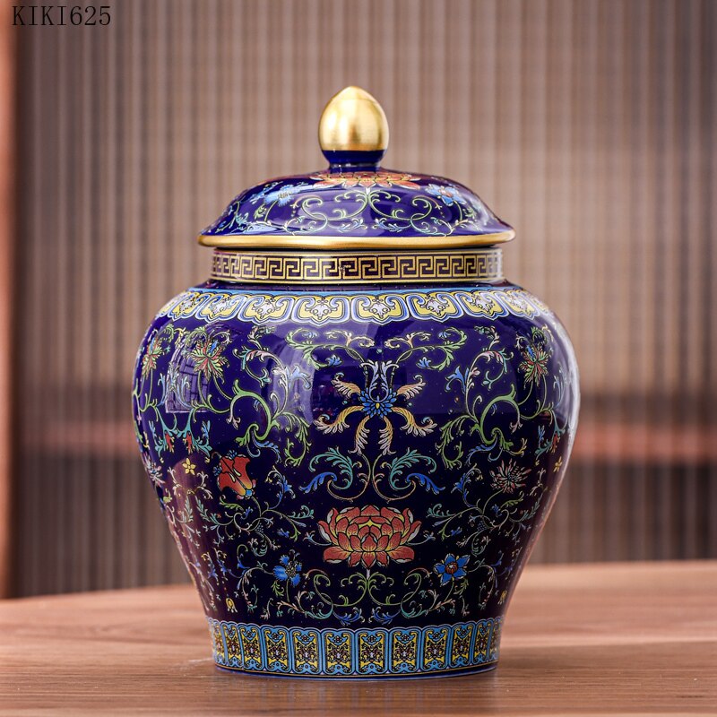 European-style Twisted Flower Ceramic Jar Gold-plated Porcelain Sealed Jar Candy Food Storage Box Crafts Porch Living Room Decor: A