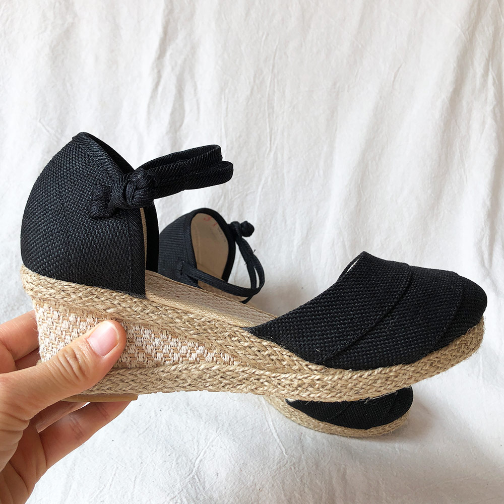 Veowalk – Espadrilles à semelles compensées en lin pour femmes, sandales faites à la main en Patchwork, plates-formes de 6cm, chaussures bohème, escarpins d'été