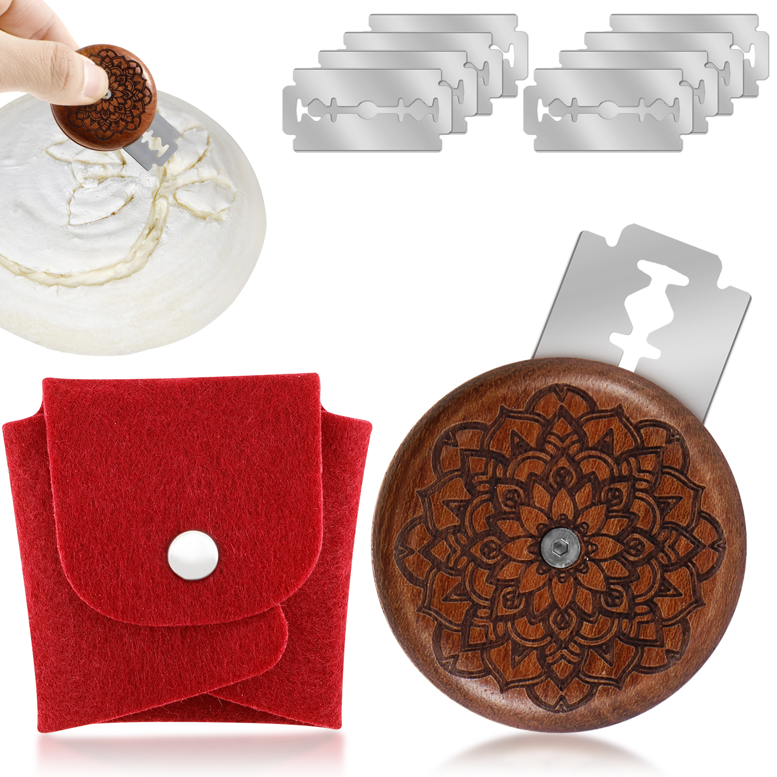Herramienta de puntuación de masa de pan, cortador de masa de puntuación de pan compacto, marcador de pan de masa fermentada de madera de 5cm con 10 cuchillas de acero inoxidable