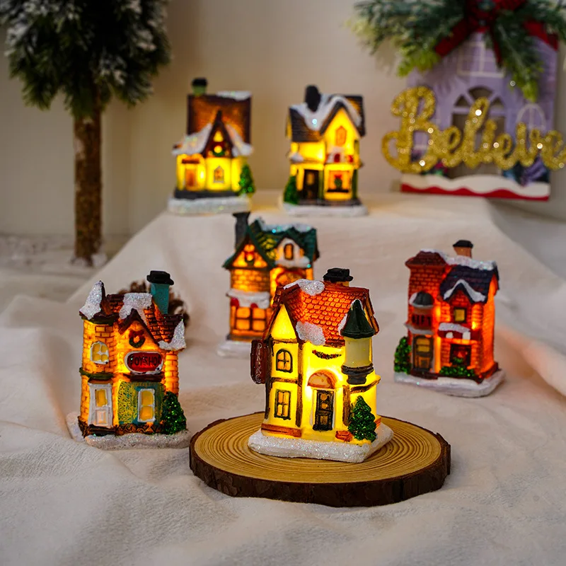 Christmas Decorations Resin Christmas Small House Micro-landscape Light Snow House Display A Christmas