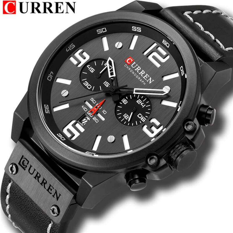 Curren Top Luxe Mannen Sport Horloge Waterdicht Lederen Band Quartz Klok Chronograaf Datum Horloge Relogio Masculino 8314: Black Black Black