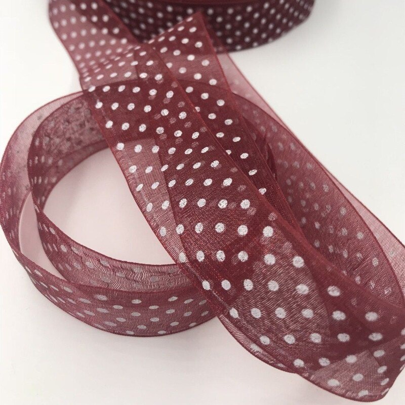 DIY 25mm 20 Yards dot Satin Edge Sheer Organza Ribbon Bow Craft Wedding: Wine red-20Y