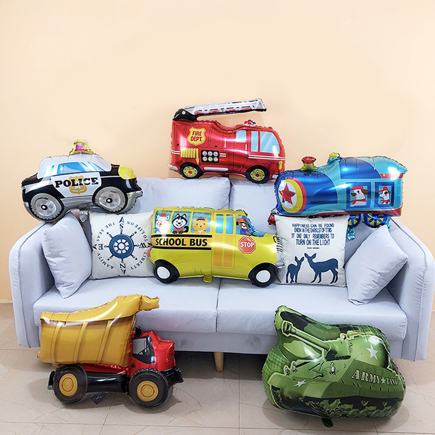 6PCS Cute Cartoon Tank Car Fire Truck School Bus Train Aluminum Foil Balloon for Kids Children Birthday Party Decor