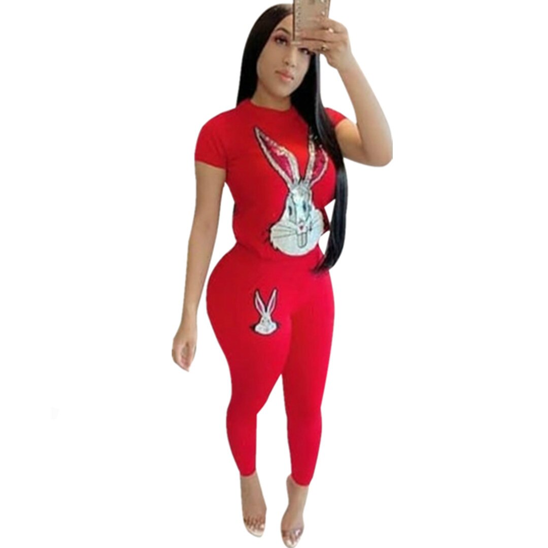 Outdoor sports cartoon print slim two-piece suit Short-sleeved round neck t-shirt ankle length pants casual women's clothing: Red / XL