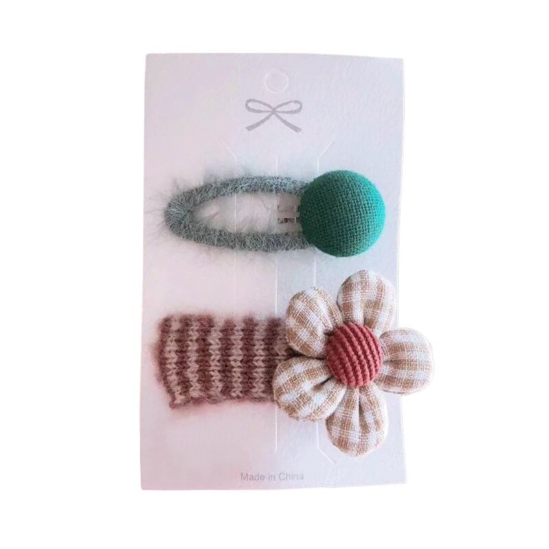 Hair Pin 2 Pcs Cloth Baby Girls Plaid Flower Hairpin Button Ball Hair Accessories Side Clip