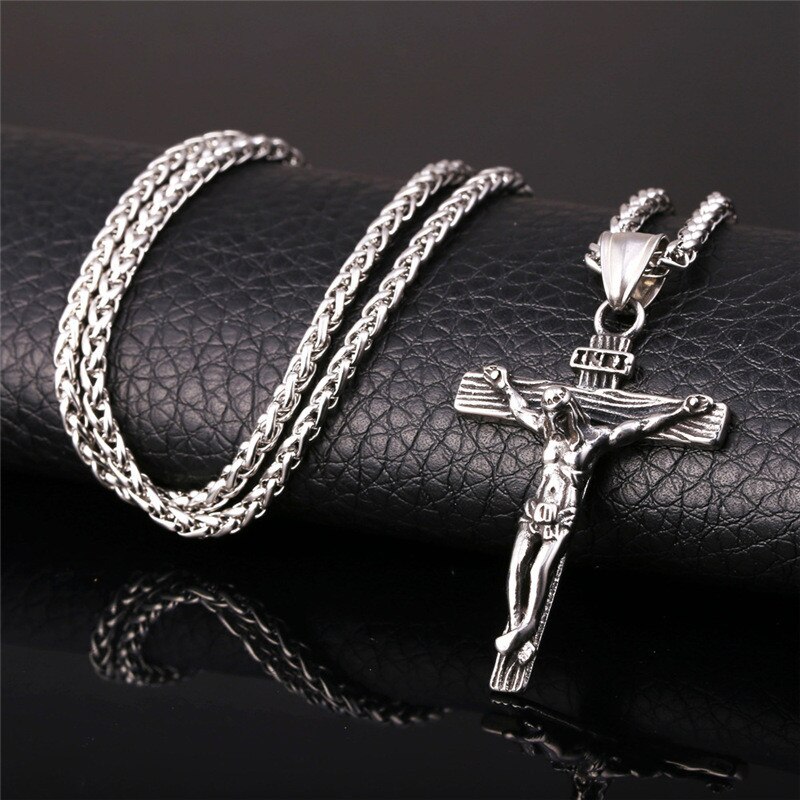 crucifijo Cristo Jesús collar de hombre joyería de oro de acero inoxidable de Color cadena alrededor del cuello cruzado colgante collares para hombre